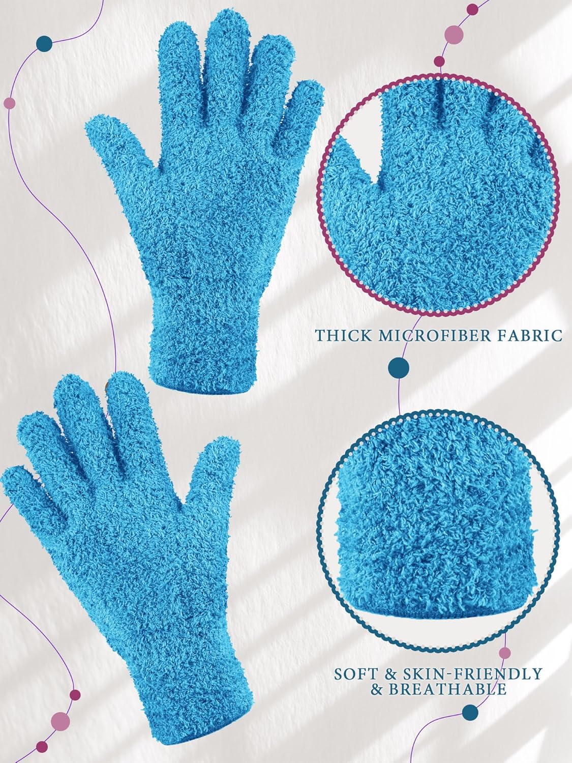 Patelai 3 Pairs Microfiber Plant Dusting Gloves Leaf Cleaning Gloves for Indoor Plants, Blinds, Furniture, House(Large,Reddish Violet, Blue, Purple)