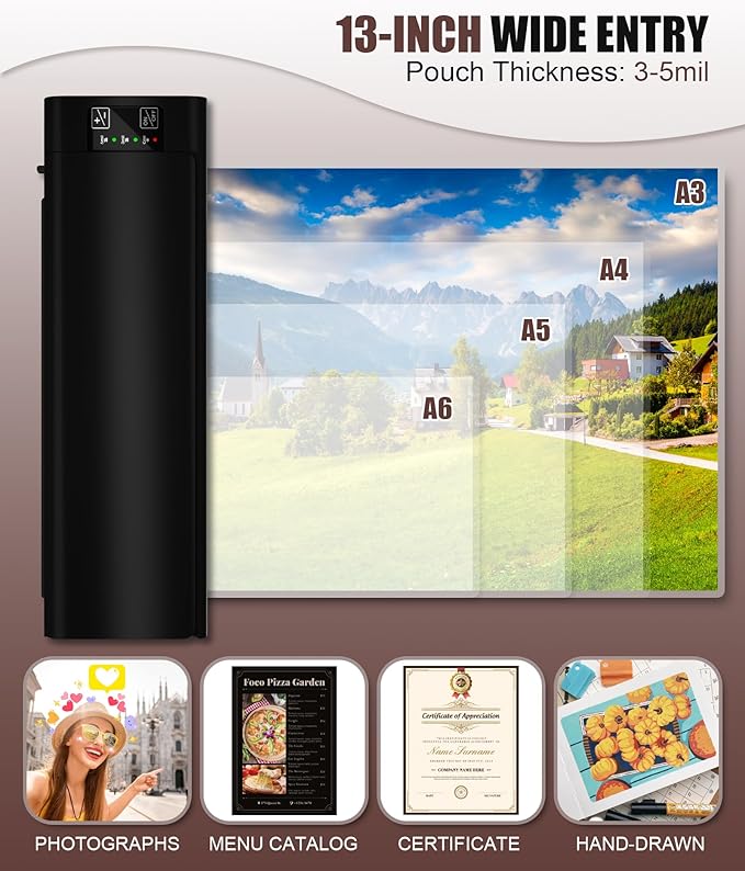 A3 Laminator Machine,13 Inch 9-in-1 Laminating Machine with Laminating Sheets,Thermal Laminator Hot & Cold with Fast Warm Technology for Home,Office or School Supplies(Black)