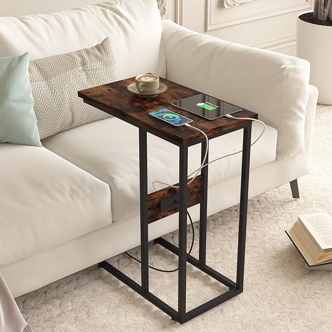 VECELO C Shaped End Table with Charging Station & Power Outlets, Quick Access Side Table for Sofa, C Bedside for Living Room Bedroom 1 Set,Brown