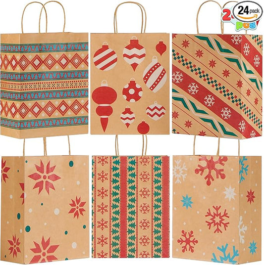 JOYIN 24 Christmas Kraft Gift Bags for Classrooms and Party Favors, Holiday Goody Gift Bags for Xmas Present Wrapping, Christmas Decorations, Party Supplies Decor (10.2" x 4.2" x 6.3 ")