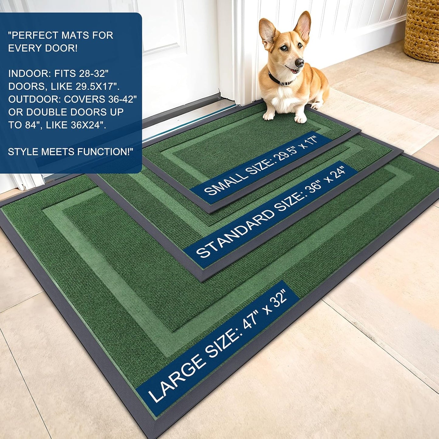 OLANLY Front Door Mat Indoor Outdoor Entrance, Waterproof All-Season, All-Weather Doormat, Sturdy Natural Rubber, Fade Resistant, Low Profile, Easy Clean Patio Porch Entryway Mat, 29.5x17, Green