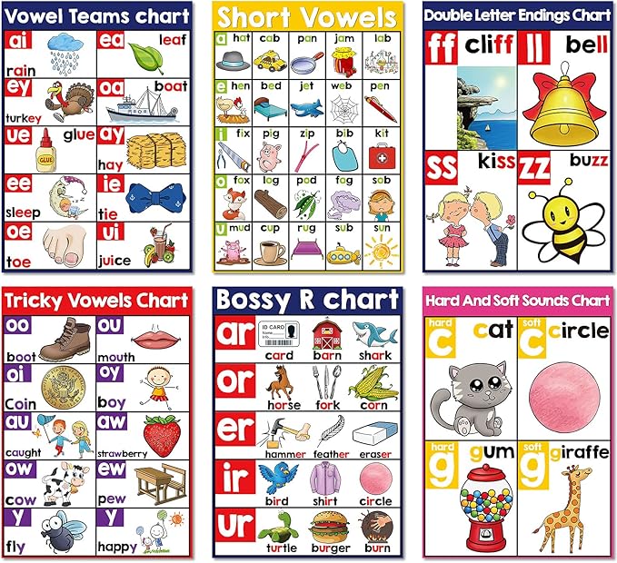 Yisong 13 Pcs English Phonics Poster Language Charts Learning Vowels Posters Alphabet Bulletin Board Set Wall Decoration (16 x 11 Inch)