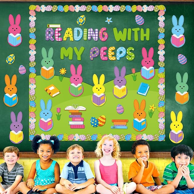 gisgfim Easter Reading Bulletin Board Decoration Set Spring Easter Bunny Egg Borders Cutouts Decor for Reading with My Peeps Bulletin Board Craft Spring Classroom School Library Home Wall(Bunny)