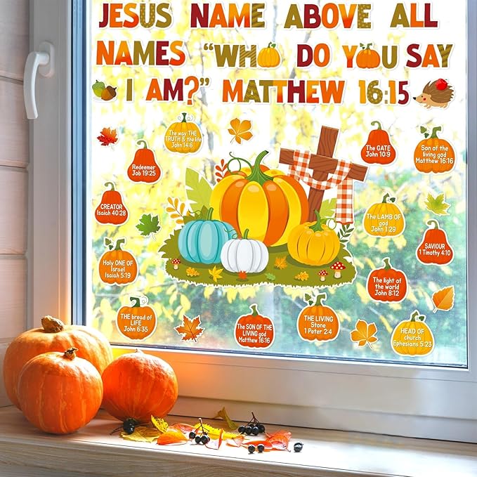Thanksgiving Fall Christian Bulletin Board Decoration Set Religious Pumpkin Cutouts Autumn Bible Bulletin Board for Kid Preschool Classroom Chalkboard Party Decor Sunday School Church Wall(Jesus Name)