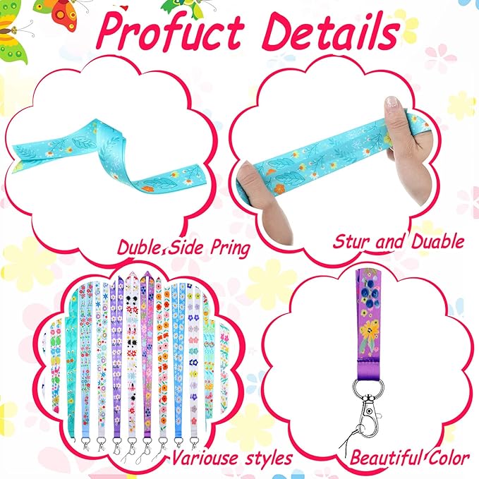 Marspark 14 Pcs Seasonal Holiday Lanyards for ID Badges Spring Easter Lanyards Floral Keychains Bulk Flower for Spring Seasonal Teacher Office Supplies