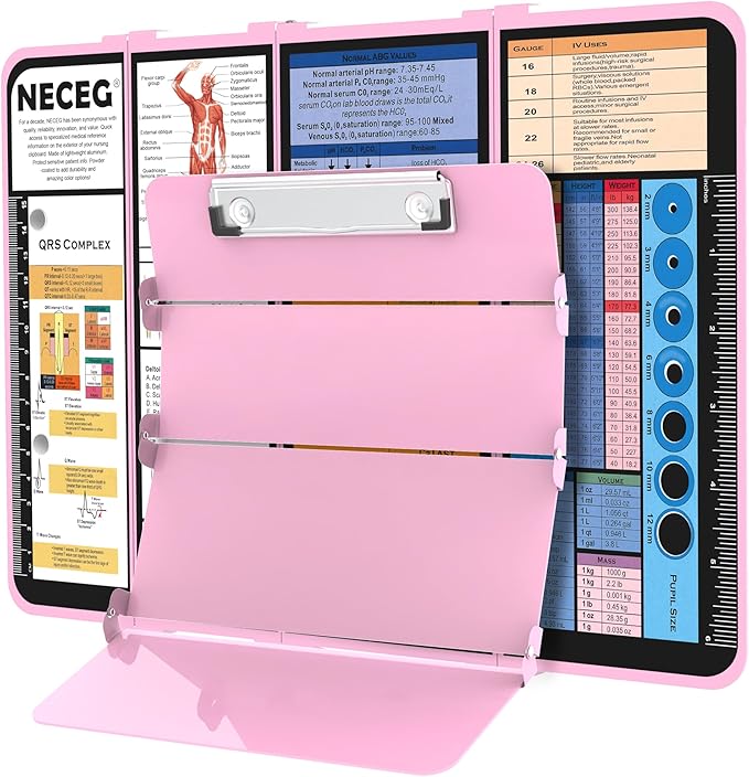 Nursing Clipboard Foldable-4 Layers Aluminum Nurse Foldable Clipboard Nursing Medical Edition Cheat Sheets, Pocket Size Pen Clip for Nurses Students School and Doctors-Pink