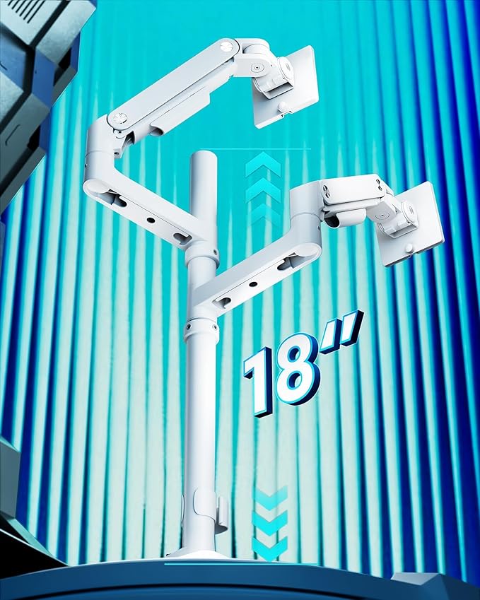 ARES WING Dual Monitor Arm for Ultrawide Heavy Duty Curved Monitor Stacking, Fits 17-49 Inch, Vertical Gas Spring Double Monitor Stand with USB, Adjustable Dual Monitor Mount for Desk, White
