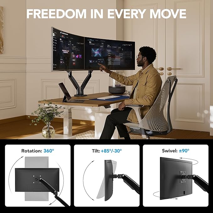 HUANUO Dual Monitor Stand for 13″–40″, Premium Dual Monitor Mount with USB, Height Adjustable Monitor Stand for 2 Monitors, VESA Mount with Clamp/Grommet Base, Holds 26.4lbs per Arm, HNDS7
