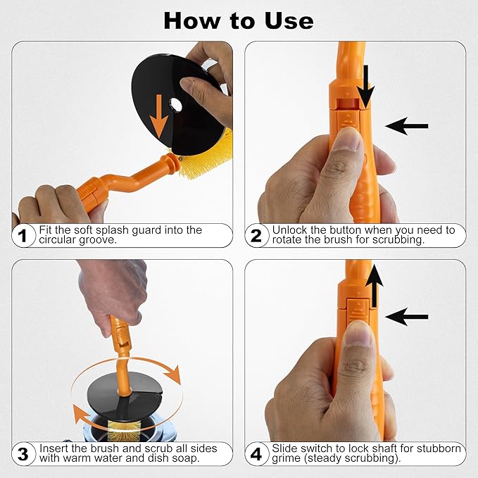 Universal Garbage Disposal Brush – 360° Rotating Head with Rubber Splash Guard, 17.7 Inches,Long-Handle Sink & Disposer Cleaner