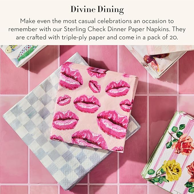 MACKENZIE-CHILDS Dinner Paper Napkins, Stylish Paper Dinner Napkins, Gray-and-White Sterling Check