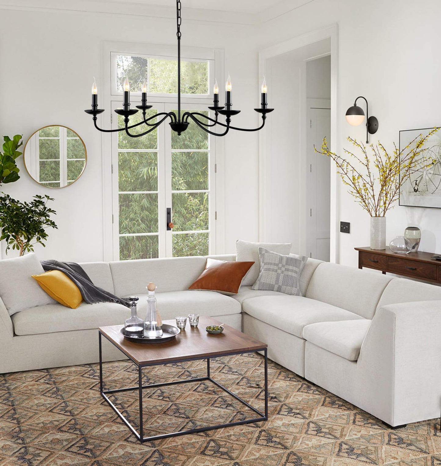 SEOL 6-Light Candelabra Chandelier, 36in Dia, Matt Black, Model SLP1902BK, Farmhouse Ceiling Pendant Light Fixture
