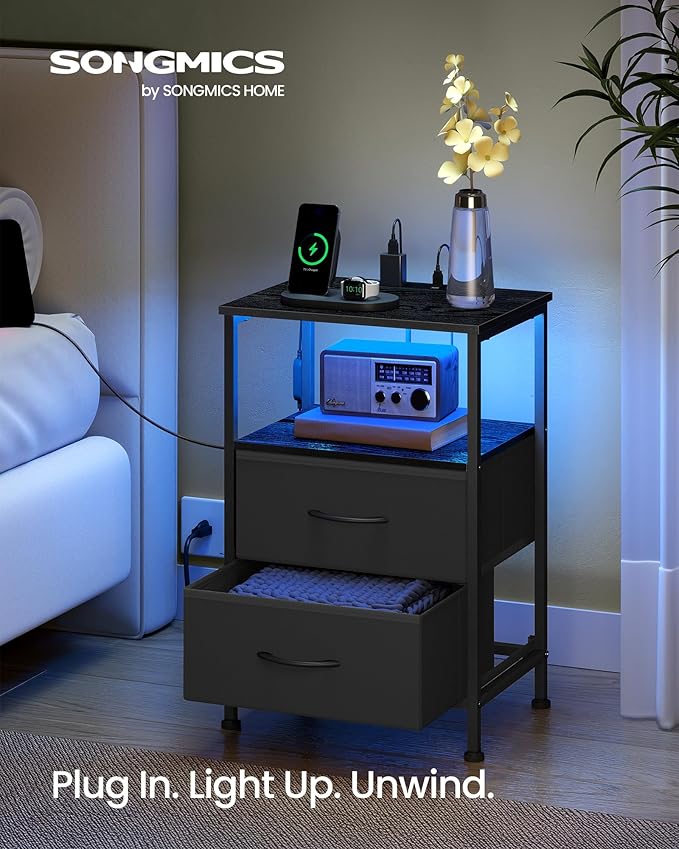 SONGMICS BELLAH Collection - Nightstand with Charging Station and App-Controlled Adjustable LED Lights, Bed Side Table, 2 Drawer and 1 Open Shelf, Bedroom, Ink Black and Ebony Black ULGS302BH01S