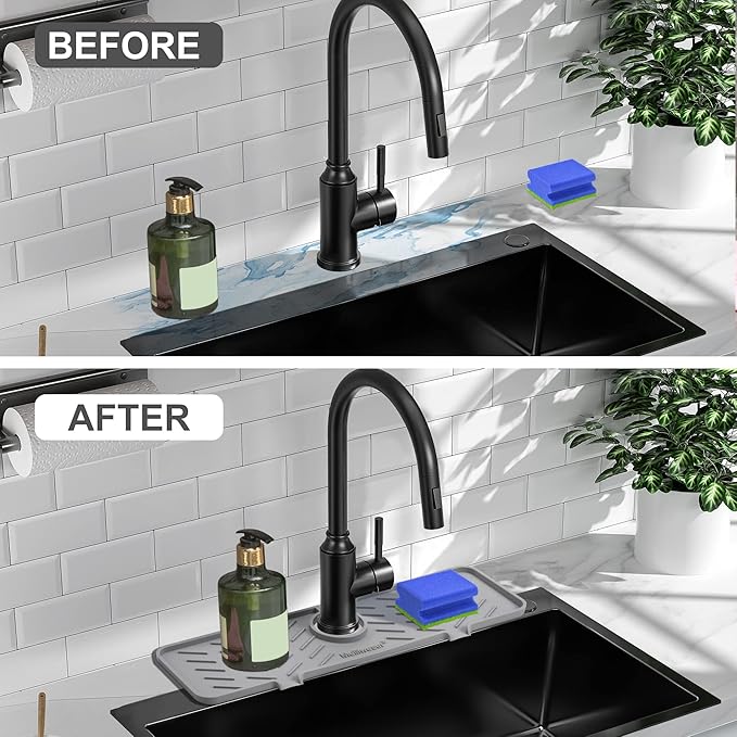Meiliweser Silicone Faucet Mat for Kitchen Sink – Gen 2 Splash Guard with Upgraded Outlet & Slope – 18” x 5.1” Water Catcher & Sink Sponge Holder for Kitchen and Bathroom (Gray)