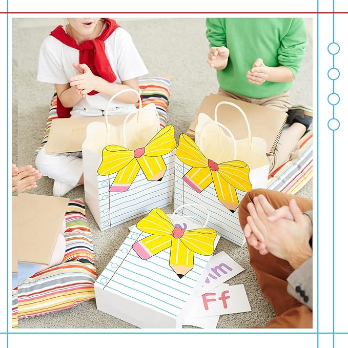 Kolldenn Teacher Gift Bags Composition Paper Bags with Handles Notebook Line Teacher Appreciation Graduation Gifts Bag for Kindergarten Preschool End of Year Party Favors Wrapping(24 Pcs,Notebook)