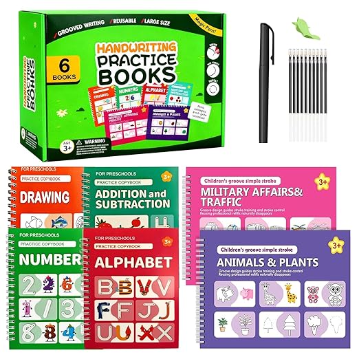 Magic Grooved Writing Practice Books,Grooved Handwriting Practice for Kids 3-5,Reusable Groove Workbooks,Preschool Learning Activities with Auto-Disappearing Pen,Birthday Gifts for Kids 3+(6-Book)