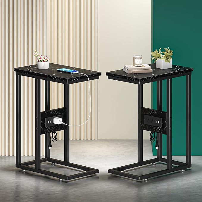 VECELO C Shaped End Table with Charging Station & Power Outlets, Quick Access Side Table for Sofa, C Bedside for Living Room Bedroom 2 Set,Black Marble