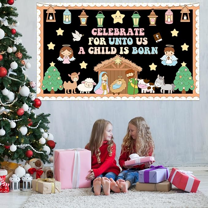 Christian Nativity Religious Bulletin Board Set Christmas Jesus Birth Hippie Classroom Decorations Border Xmas Paper Cutouts for Chalkboard Wall Holiday Christian Church Sunday School Decor