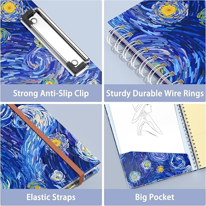Rimilak Spiral Clipboard Folio with Refillable Lined Notepad, 14.5 x 9.8 In, Hardcover Cover with 5 Interior Pockets, Elastic Band and Pen Loop Series. Cute Stylish Clipfolio, Starry Sky