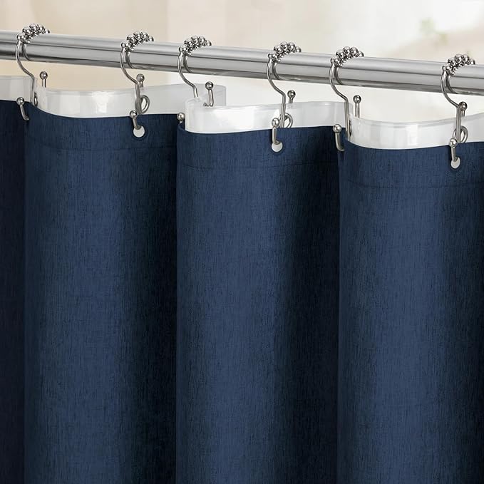 BTTN 3 in 1 Shower Curtain Set, Navy Blue Linen Textured Fabric Shower Curtain and Clear Liner Set with Plastic Hook, Modern Hotel Luxury Weighted Waterproof Shower Curtain for Bathroom, Blue, 72x72