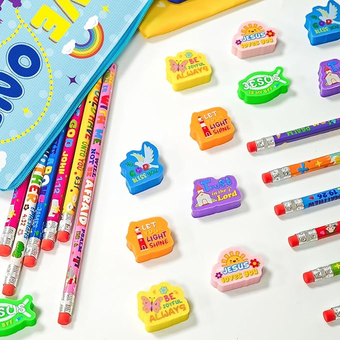 Cinrobiye 48 Pcs Bible Verse Party Favors Sets Religious Motivational Gift Motivational Bible Verse Pencil Case Pouch Pencils Erasers for Religious Gifts Sunday School Prizes Supplies