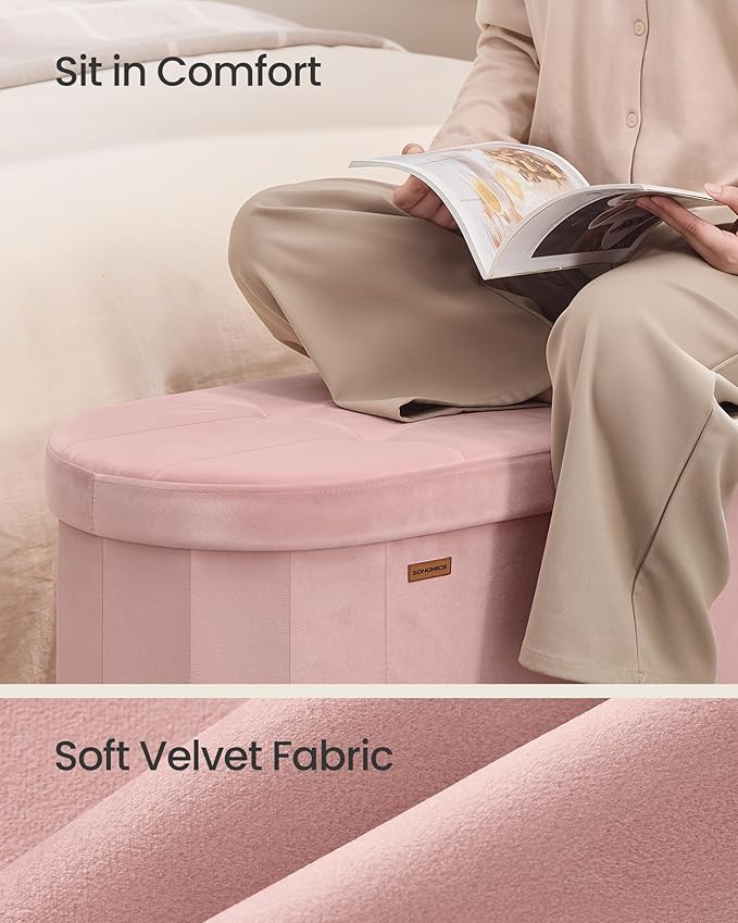 SONGMICS Mazie Collection - Folding Ottoman with Storage, Oval Storage Ottoman Bench, for Living Room, Bedroom, Velvet Fabric, 15 x 43 x 15 Inches, Jelly Pink ULSF297SA01