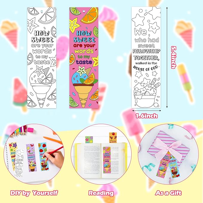 Ice Cream Color Your Own Bookmarks for Kids -120Pcs Summer Ice Cream Theme DIY Coloring Bulk Blank Bookmark Classroom Art Craft Supplies for Students Sunday School Holiday Party Reward Goodie Fillers