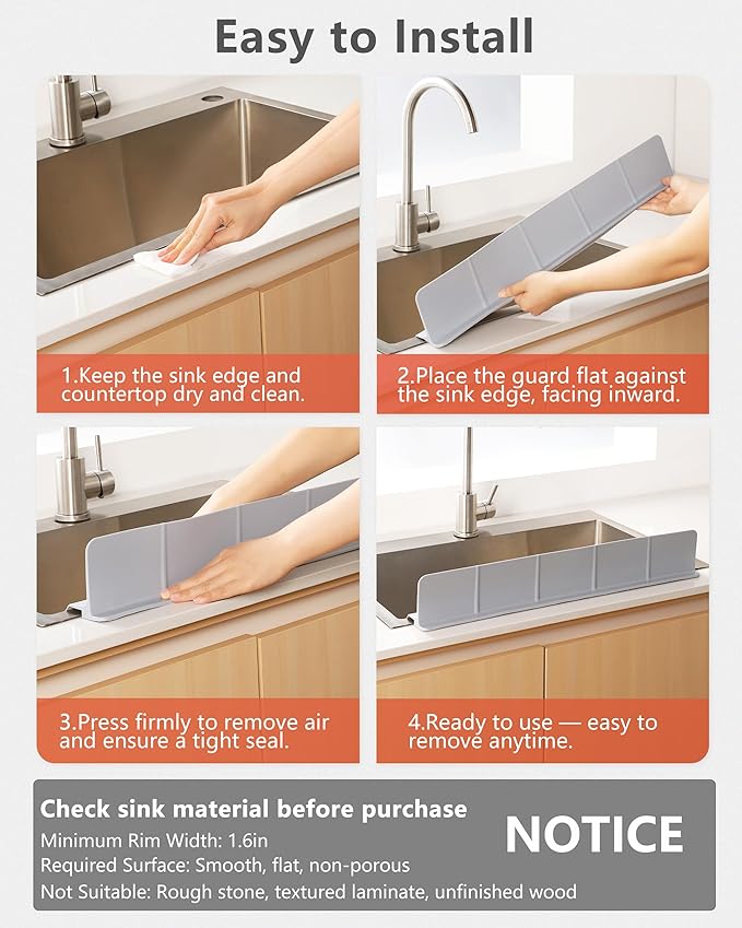 Kitchen Sink Splash Guard 23" Self-Draining Silicone Water Guard with High Splash Wall & Strong Suction Cups for Faucet, Countertop & Sink Edge, Keeps Sinks Dry, Dishwasher Safe, Gray
