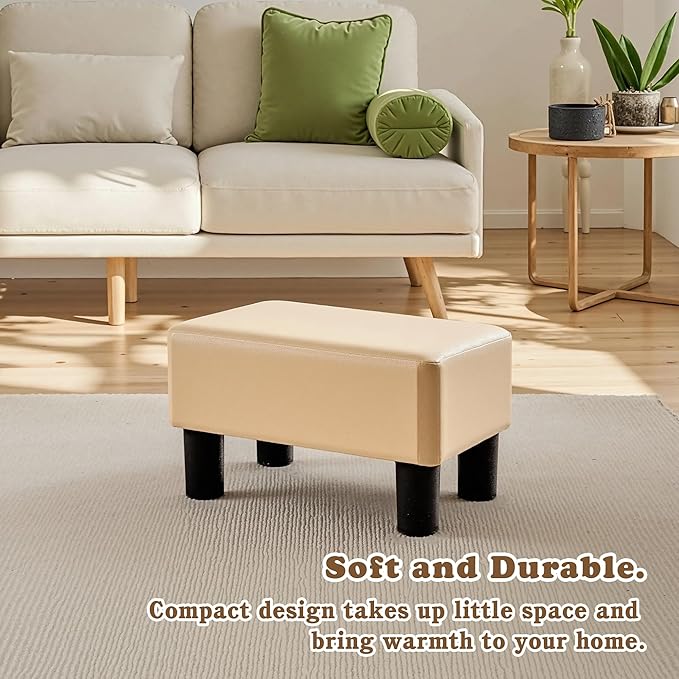 VECELO Small Foot Stool Ottoman, PU Foot Rest with Legs, Rectangle Footrest for Living Room Couch, Beige