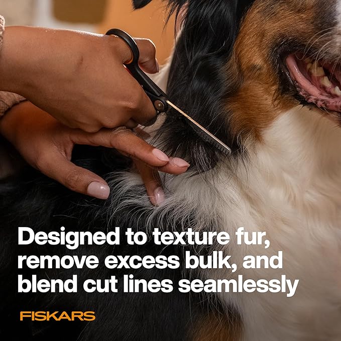 Fiskars Pet, Dog and Cat Grooming Scissors, Serrated Teeth for Thinning & SoftGrip Handle, Cat and Dog Supplies, 6.5”, Orange/Black, Blending Scissors