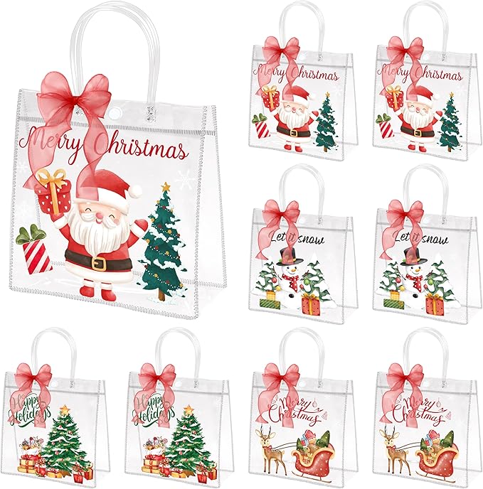 H1vojoxo Merry Christmas Gift Bags - 24PCS Watercolor Christmas Clear PVC Gift Bags with Handle and Ribbon Xmas Party Giftss Bag Reusable Xmas Goodie Bag PVC Gifts Wrap Totes for Kids Family Friends
