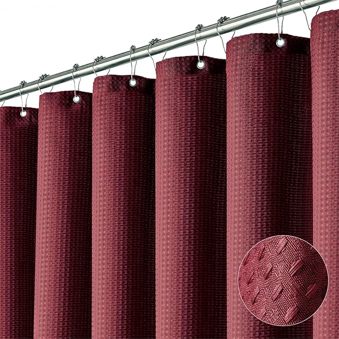 Dynamene Long Fabric Shower Curtain - 78 inch Long Waffle Weave Weighted Cloth Shower Curtains for Bathroom, Neutral Heavy Duty Hotel Spa Luxury Bath Curtain Set with 12 Plastic Hooks,72x78, Burgundy