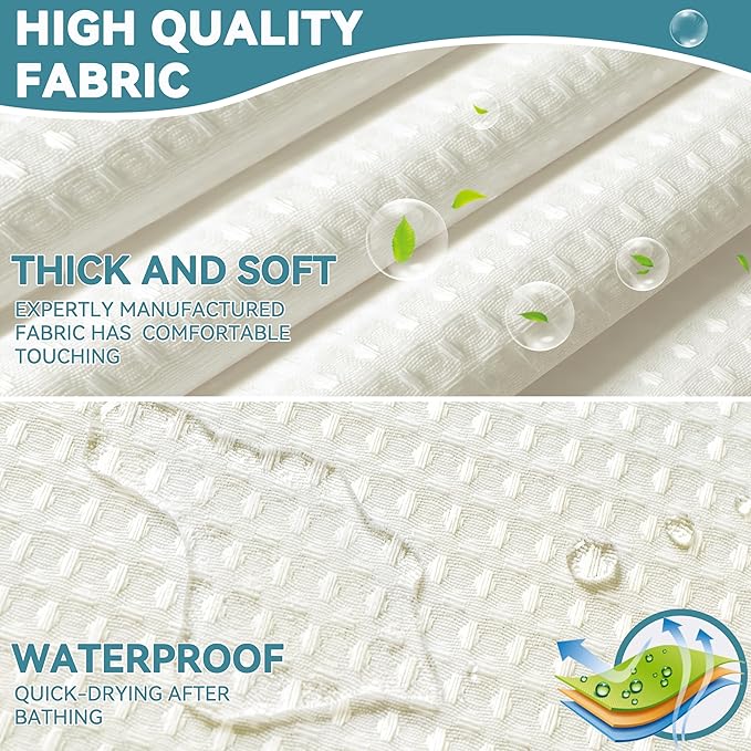 Conbo Mio Extra Long No Hook Waffle Weave Shower Curtain with Snap in Liner Set, Hotel Luxury Beige Shower Curtains for Bathroom with See Through Top Window, Waterproof, Washable 71W x 84H