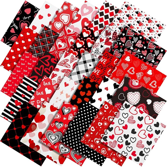 Shimeyao 60 Pcs 10 x 10 Inch Valentine's Day Quilting Fabric Bundle Fat Quarters Heart Printed Squares Fabric Print Red Black Patchwork Supplies for Valentines Day DIY Decorations Sewing Craft