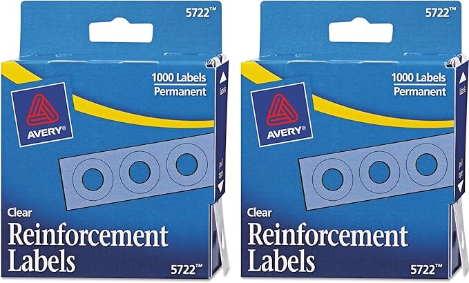 Avery Self-Adhesive Hole Reinforcement Stickers, 1/4" Diameter Hole Punch Reinforcement Labels, Clear, Non-Printable, 1,000 Labels Total (5722) - Pack of 2