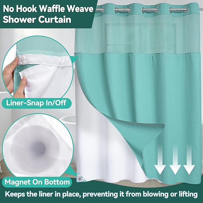 Conbo Mio No Hook Green Waffle Weave Shower Curtain with Snap in Liner Set, Hotel Luxury Shower Curtains for Bathroom with See Through Top Window, Waterproof, Washable 71W x 74H