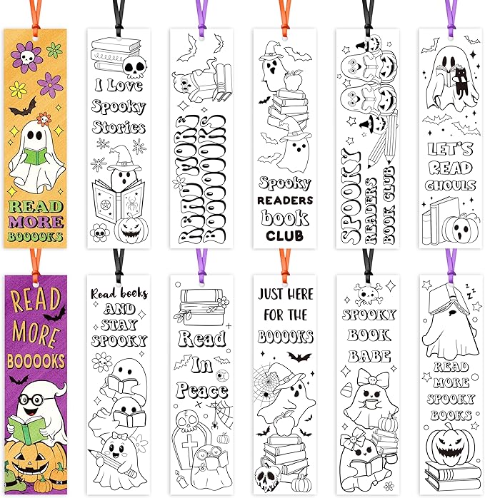 Halloween Color Your Own Bookmarks-120 Pcs Spooky Ghost Themed DIY Coloring Blank Bookmark Halloween Party Game Prize Art Craft Supplies for Students Fillers Classroom Reading Club Rewards Book Decors