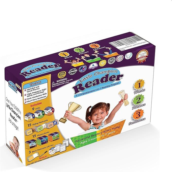 Early Reading Program for Baby, Toddler, Preschool, Kindergarten- Alphabet, Vowel Phonics & 200+ Sight Words - Little Champion Reader 9 DVD, Flash Card, Book Kit