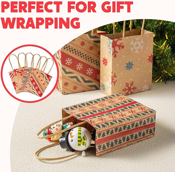 JOYIN 24 PCS Christmas Kraft Gift Bags with Handles, Reusable Xmas Paper Goody Wrap Craft Bags for Holiday Presents, Giant Gifts Decorations, Party Favors and Decor Supplies (5.25 x 4.25 x 2)