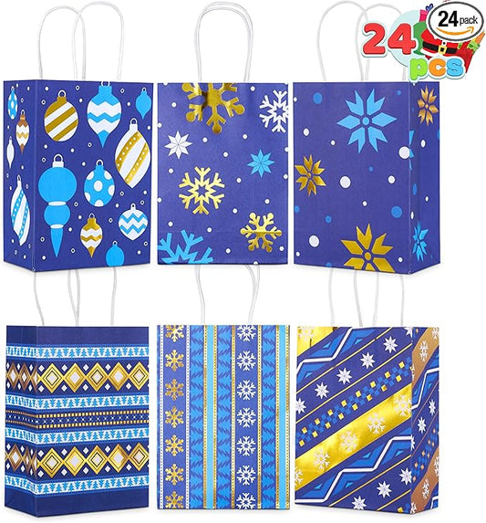 JOYIN 24 PCS Christmas Kraft Gift Bags Xmas Holiday Present Wrapping Paper Goody Bags with Handles for Classrooms and Wedding Decor, Party Favors and Decor Supplies (Blue, 8.27" x 5.91" x 3.15")