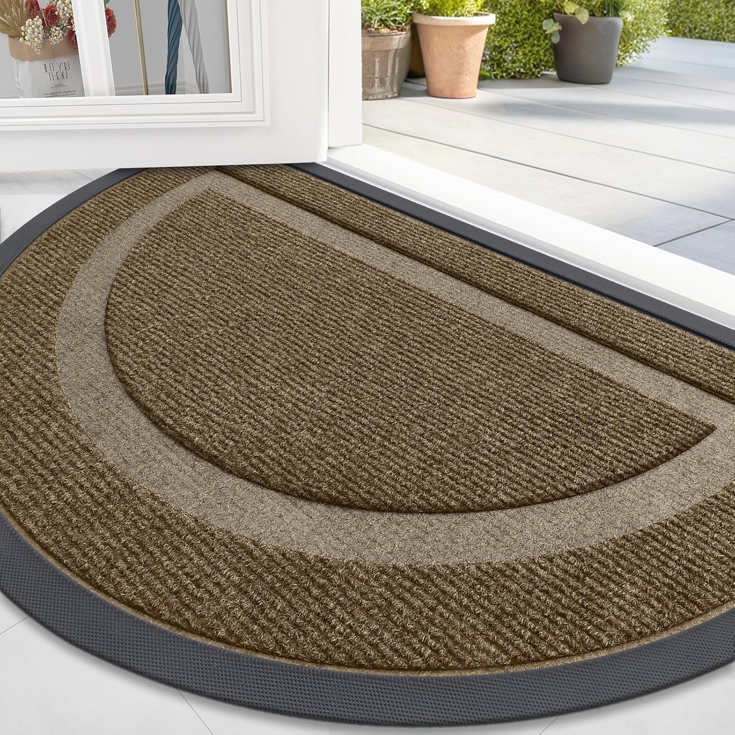 OLANLY Half Circle Door Mat Indoor Outdoor Entrance Welcome, Waterproof All-Season, All-Weather Doormat, Sturdy Natural Rubber, Low Profile, Easy Clean Patio Porch Entryway Mat, 47x23, Brown