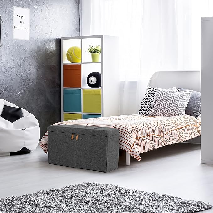 Seville Classics Cushioned Fabric Ottoman Hidden Storage Chest Footrest Chair, Padded Seat for Bedroom, Dorm, Loft, Living Room, Entryway, Hallway, Modern Gray, 33" Shoe Bench w/ Door