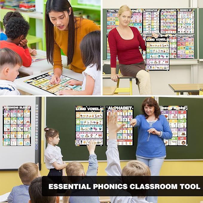 YIYDONG 16 Phonics Posters for Classroom - Learning Posters for Sound Wall Phonics Digraphs Blends Syllable Types Vowel Sounds Poster for Kindergarten, Elementary, Homeschool Supplies (Black)