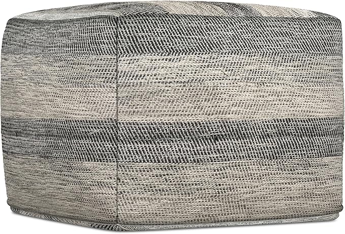 SIMPLIHOME Clay Square Pouf - 18 inch Wide Upholstered Cotton Ottoman in Grey Melange, Boho Footstool, Decorative Cube Pouf or Extra Seating for Living Room, Bedroom, or Kids Room, Assembled