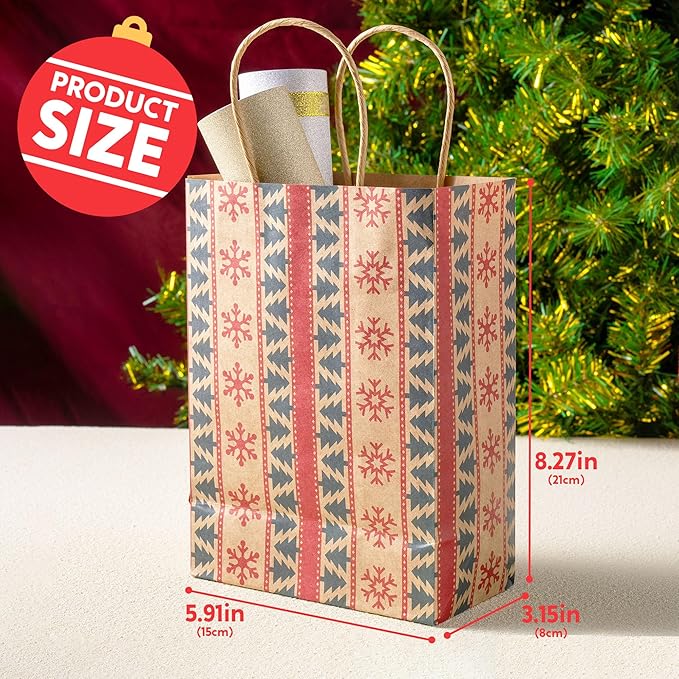 JOYIN 24 PCS Christmas Kraft Gift Bags Xmas Paper Goody Wrap Bags with Durable Handles and Non-Breaking Bottoms for Holidays, Birthdays, Classrooms and Party Favors (8.27 x 5.91 x 3.15)