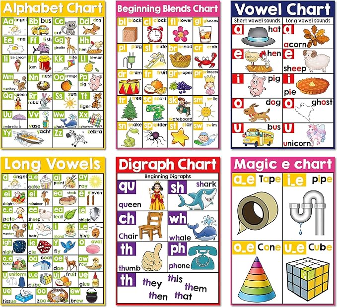 Yisong 13 Pcs English Phonics Poster Language Charts Learning Vowels Posters Alphabet Bulletin Board Set Wall Decoration (16 x 11 Inch)