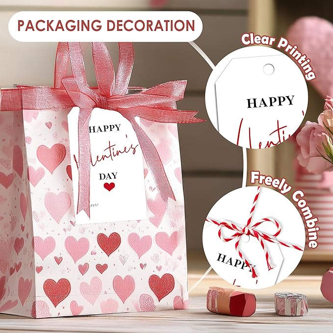 50Pcs Happy Valentines Tags for Bags - 3.5 x 2.1 in Valentine Gift Tags with String, Hanging Paper Gift Label for Wrapping Treat Bag, Idea Valentines Activity School Classroom Party Favors