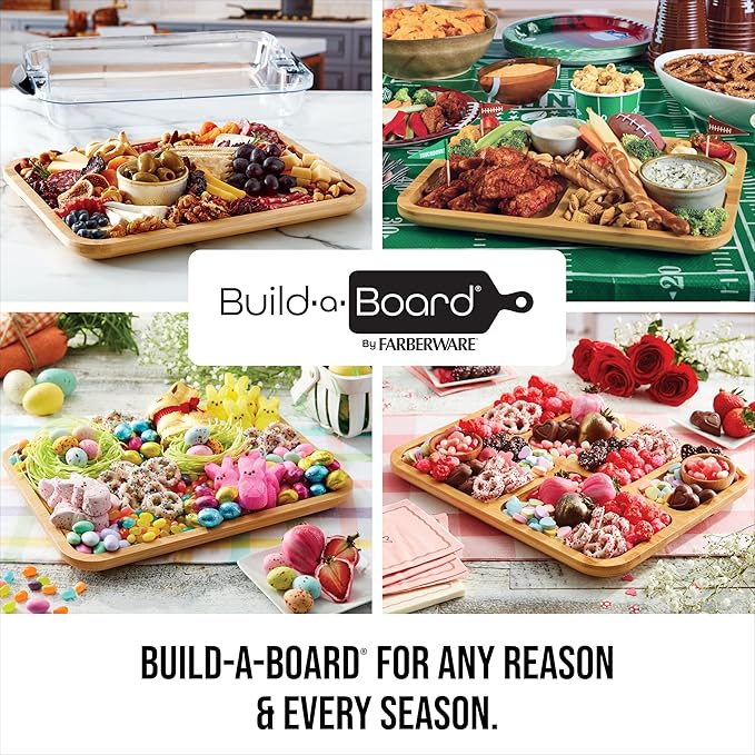 Farberware Build-A-Board Bamboo Cutting Board with Built-In Compartments & Clear Locking Lid, Black Handles – Charcuterie, Snack Tray, Food Prep and Serving Platter