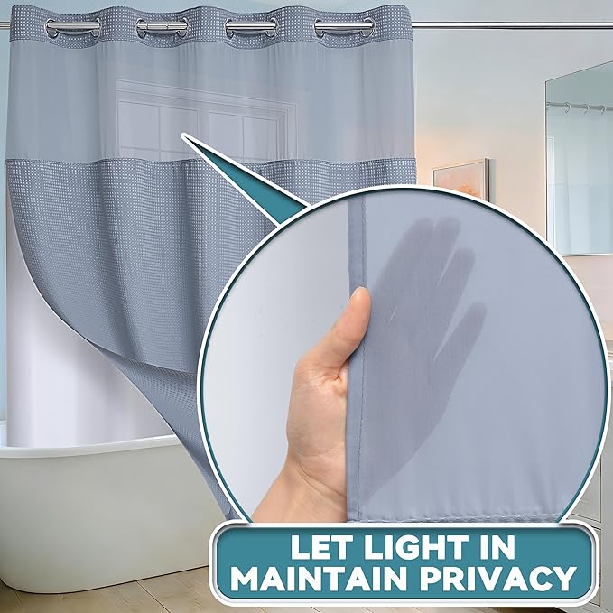Conbo Mio Stall No Hook Waffle Weave Shower Curtain with Snap in Liner Set, Hotel Luxury Grey Shower Curtains for Bathroom with See Through Top Window, Waterproof, Washable 36W x 74H