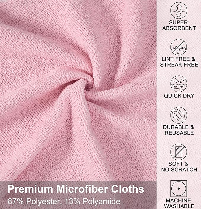 UPSTAR Microfiber Cleaning Cloth, Reusable Paper Towels Rolls, 50 Packs 12x12 inch Cleaning Rags for Washing Dishes, Kitchen, Bathroom, Car, Pink