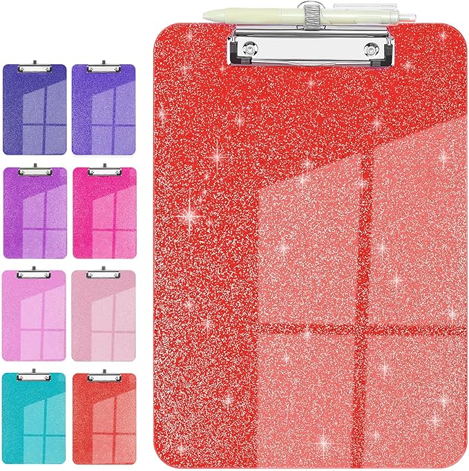 Sparkly Clipboard with Pen Holder, Clear Plastic Glitter Clip Board, Hanging Shiny Clipboards with Low Profile Metal Clip, Letter A4 Size for Taecher Women Office School (Red)